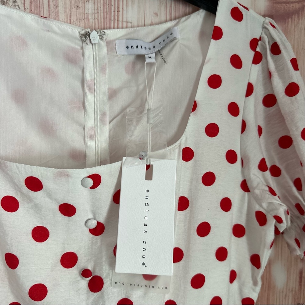 Endless Rose White Retro Style Red Polka Dot Ruffle Hem Ruched Mini Dress Size M - Picture 11 of 16